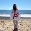 Bolsa de playa tejido blanco letra personalizable roja y asa de cinta